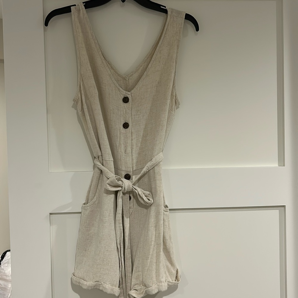 Sleeveless V-Neck Linen Blend Romper in Light Beige